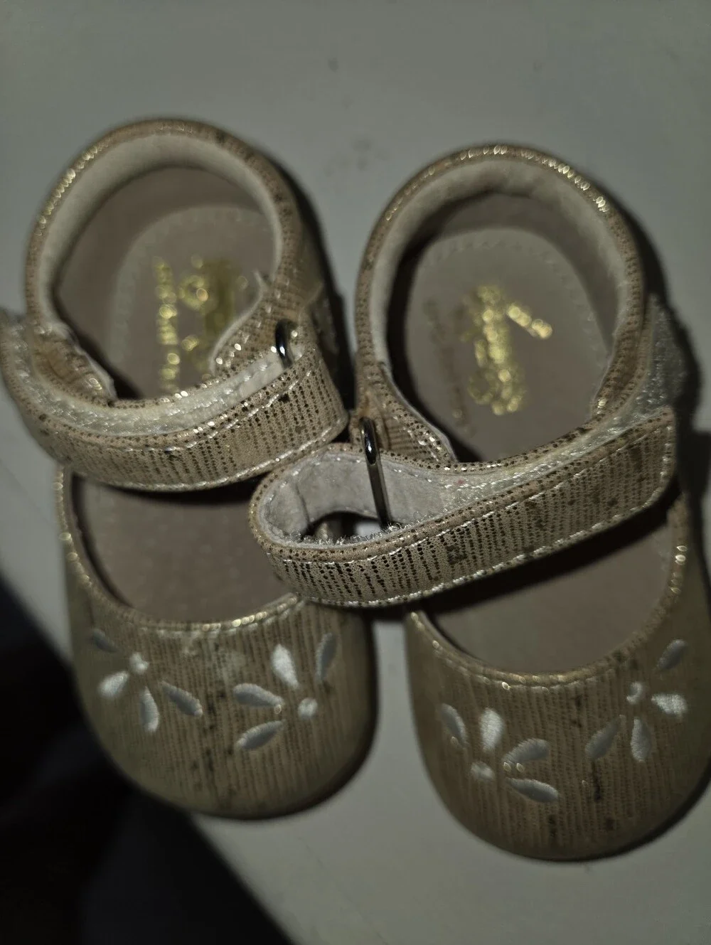 See Kai Run Metallic Gold Mary Janes with White Floral Accent